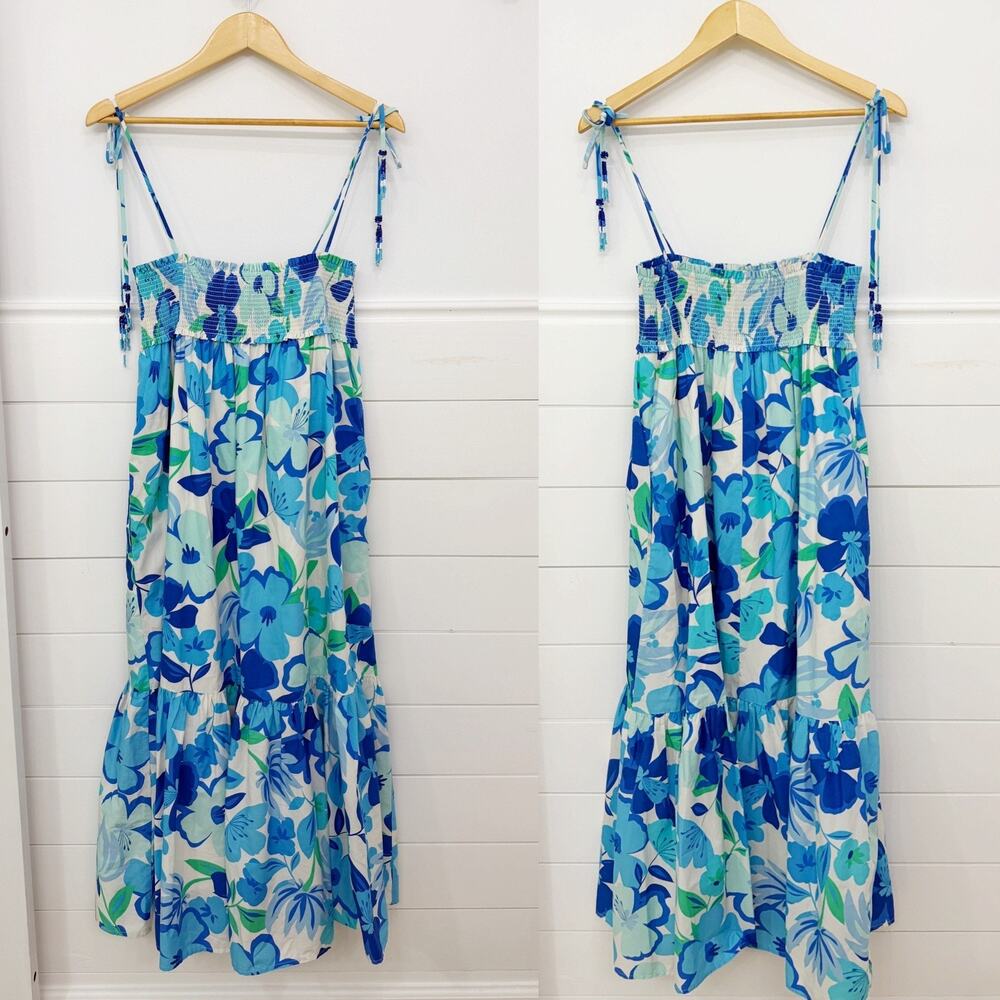 Women’s FATE Blue Hawaiian Floral Smocked MIDI Dress Size M